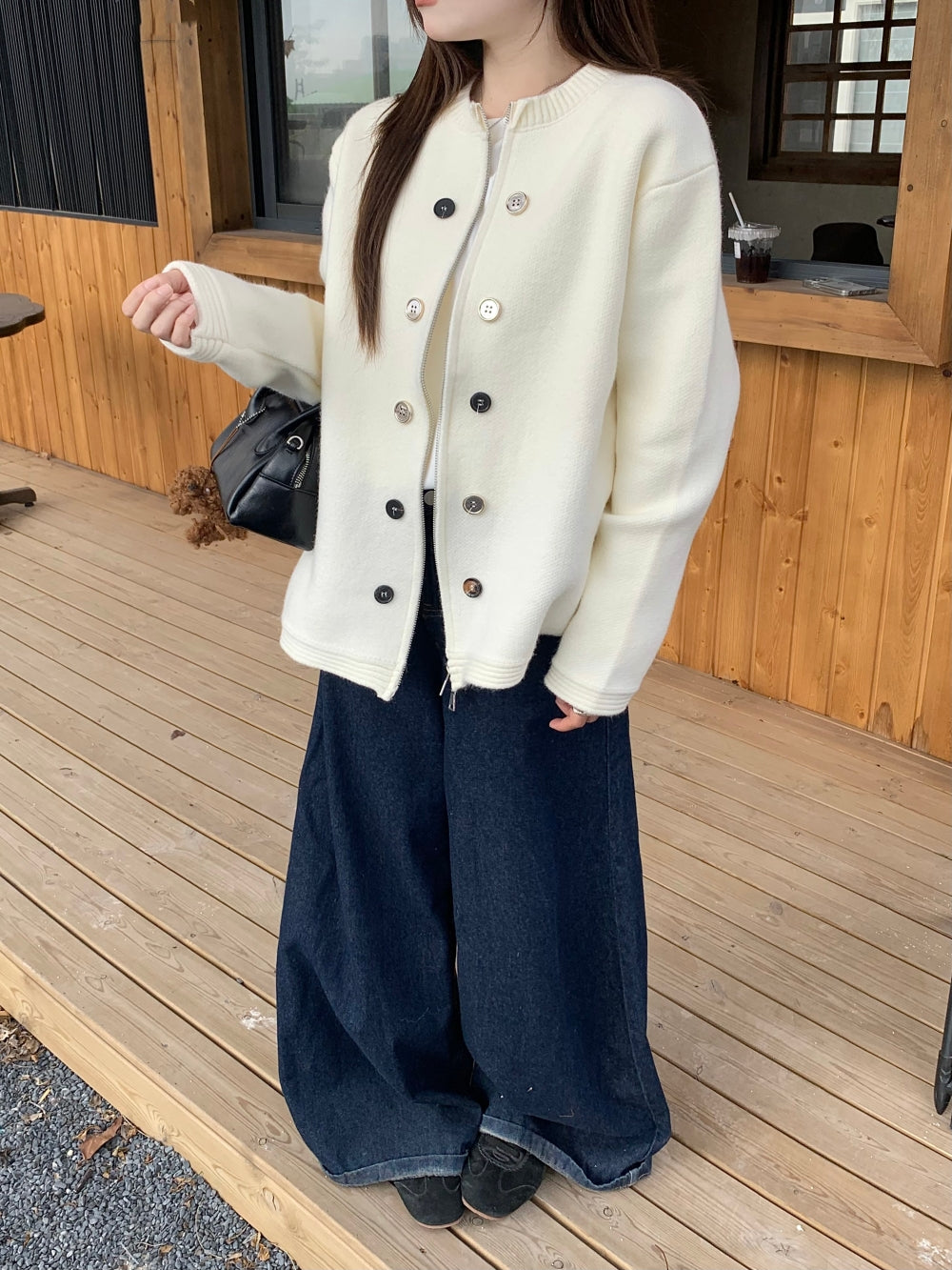 【outer】ラウンドネック無地ニットカーディガンG24456