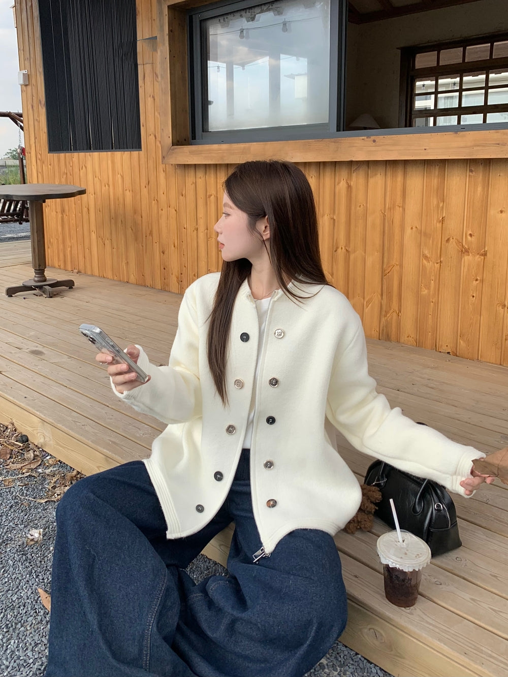 【outer】ラウンドネック無地ニットカーディガンG24456