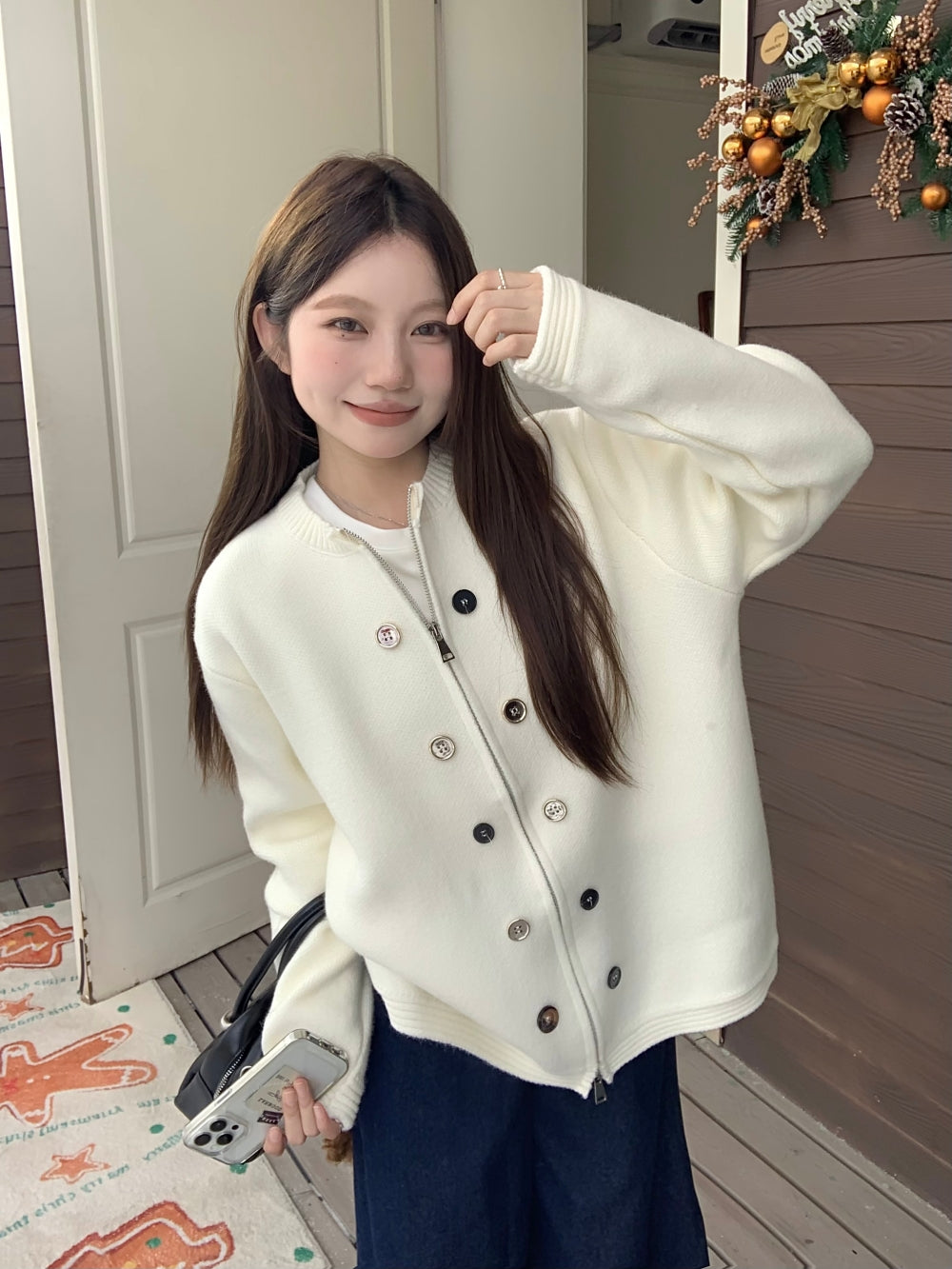 【outer】ラウンドネック無地ニットカーディガンG24456