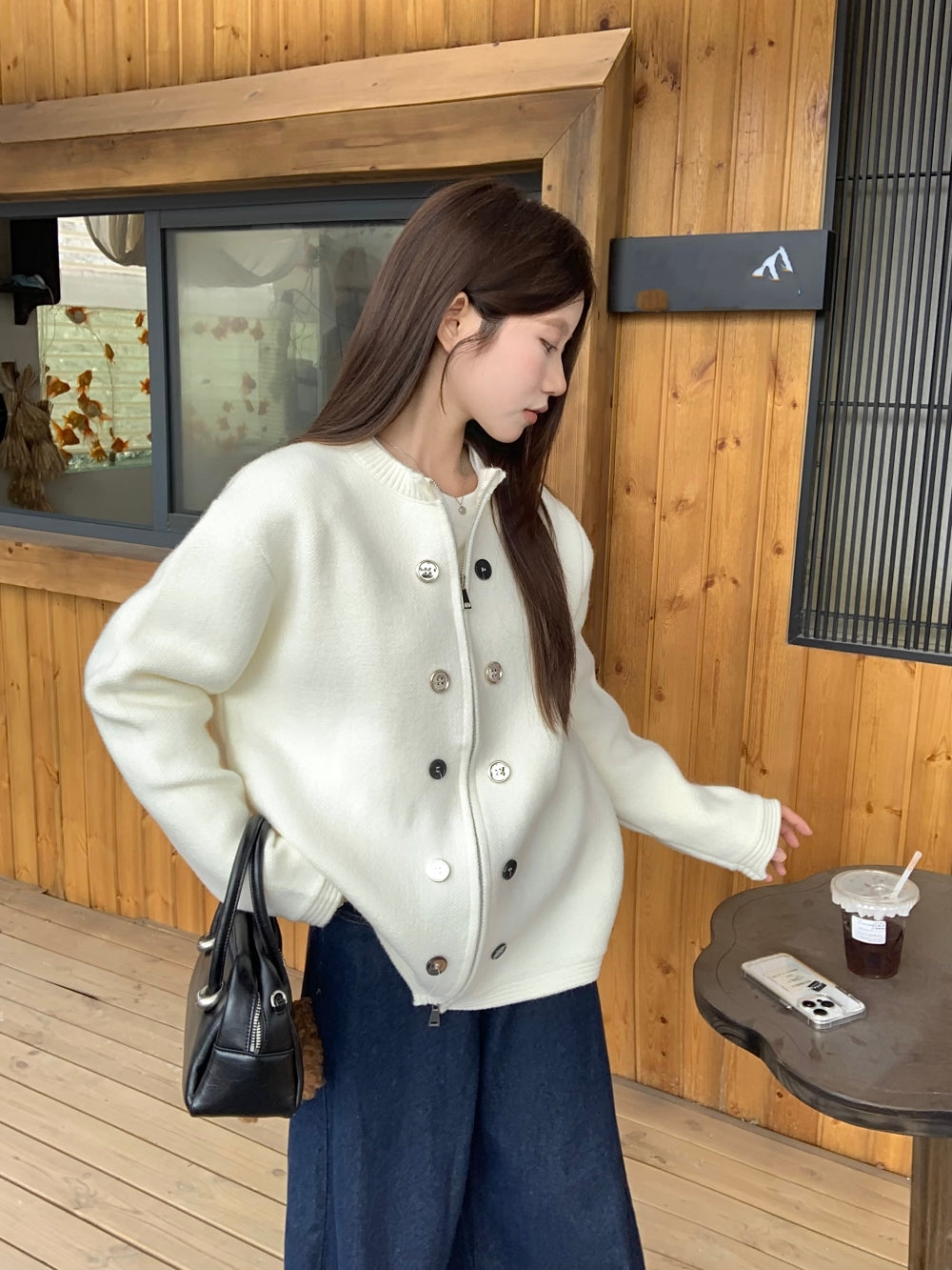 【outer】ラウンドネック無地ニットカーディガンG24456