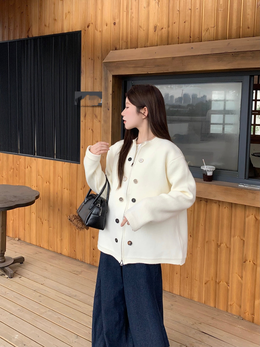 【outer】ラウンドネック無地ニットカーディガンG24456