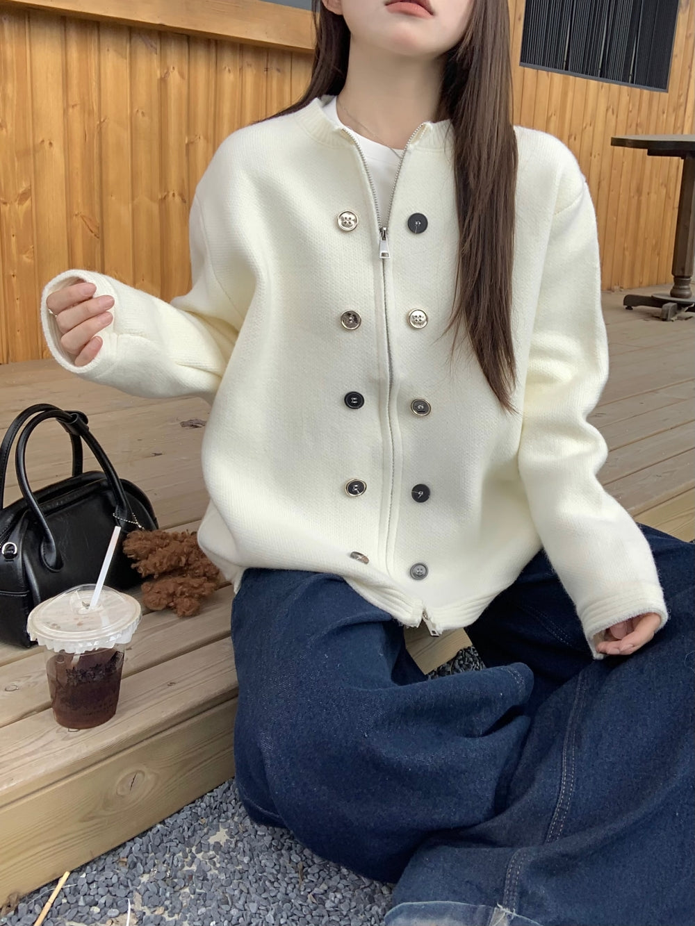 【outer】ラウンドネック無地ニットカーディガンG24456