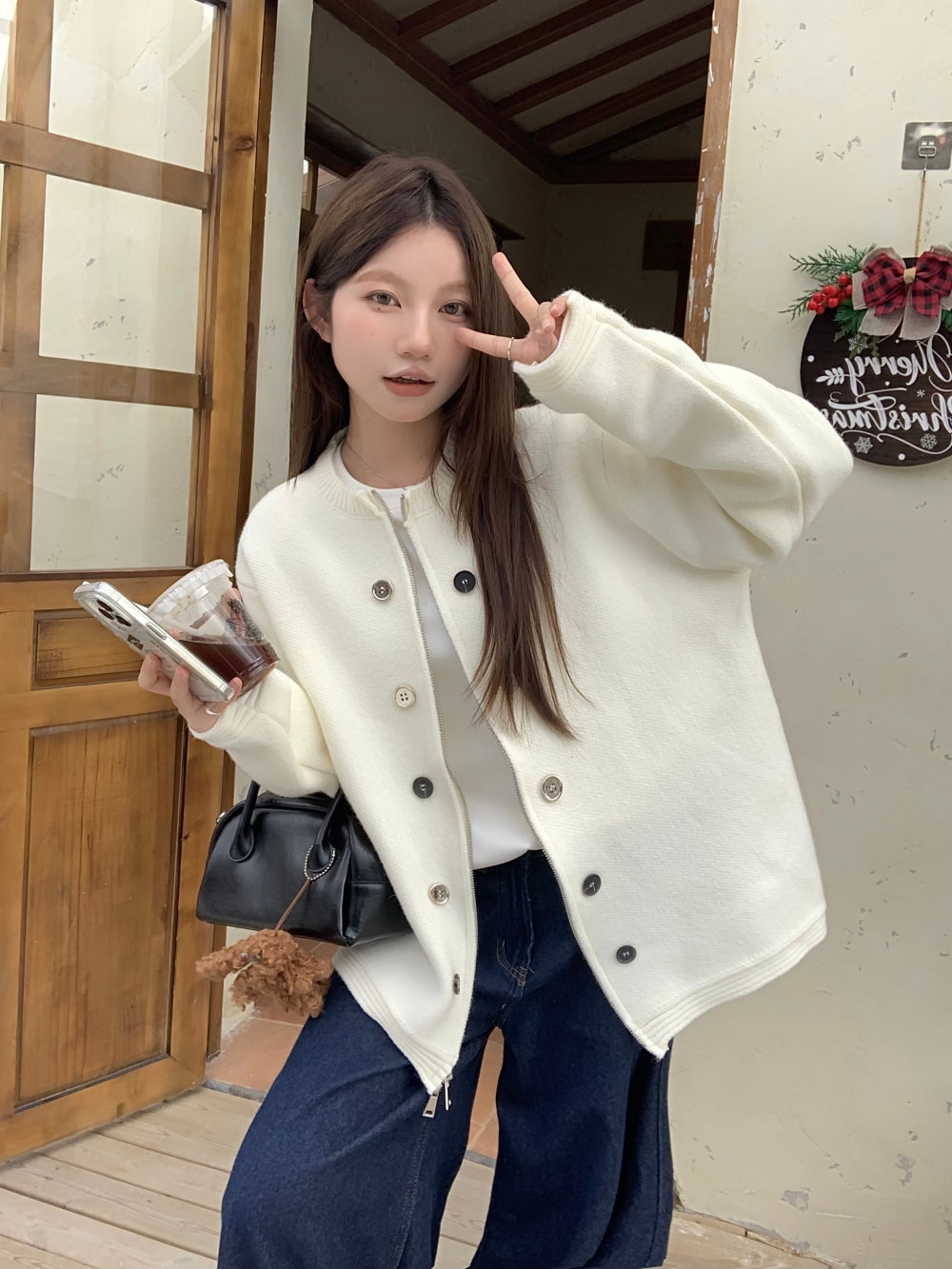 【outer】ラウンドネック無地ニットカーディガンG24456