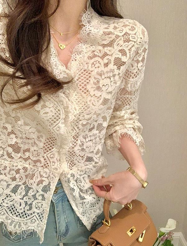 【tops】レース長袖ブラウスF8420