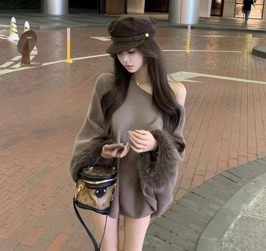 【tops】ファー長袖ニットセーターF8421