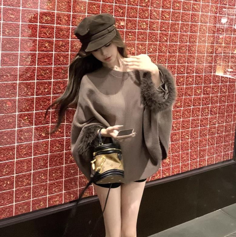 【tops】ファー長袖ニットセーターF8421