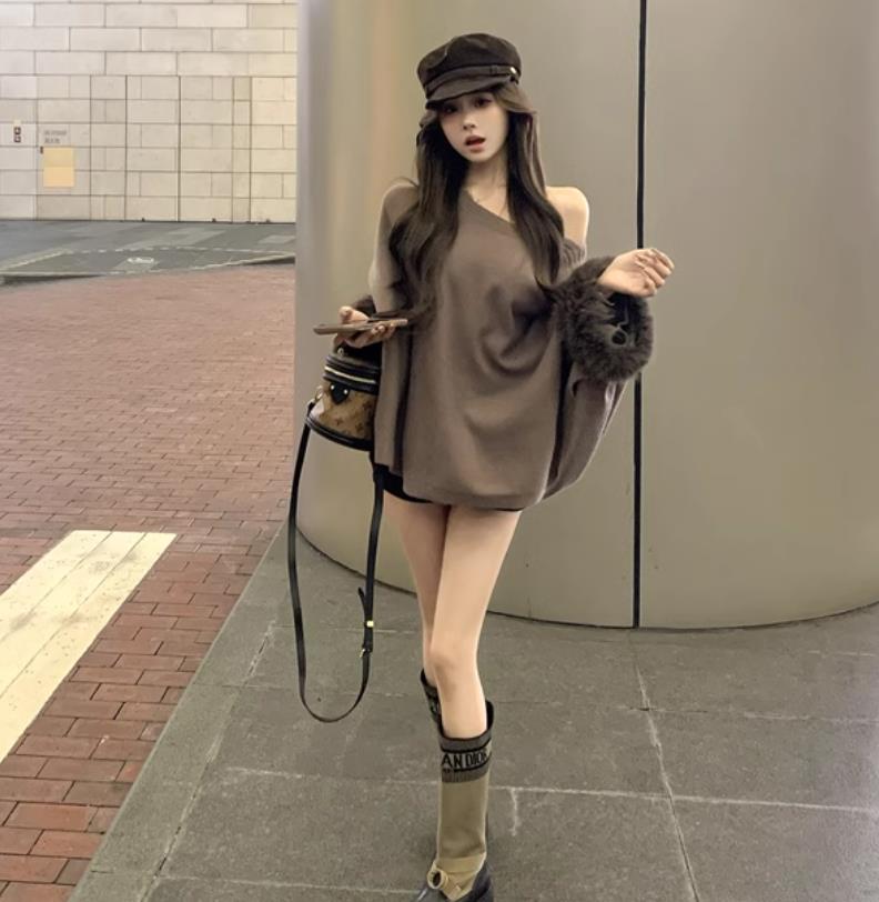 【tops】ファー長袖ニットセーターF8421