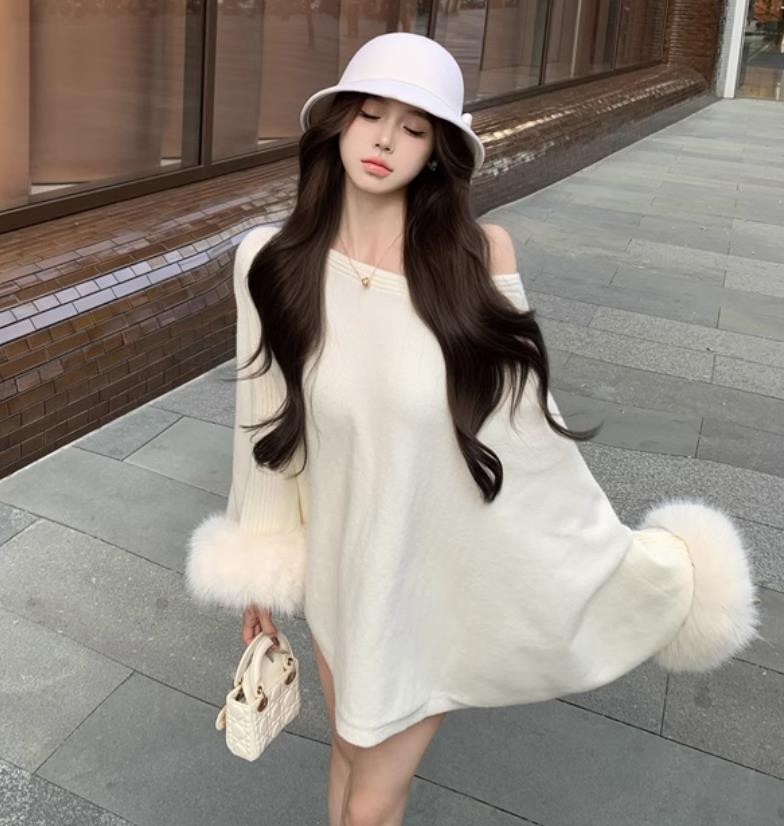 【tops】ファー長袖ニットセーターF8421