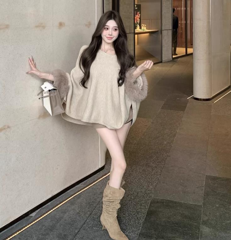 【tops】ファー長袖ニットセーターF8421