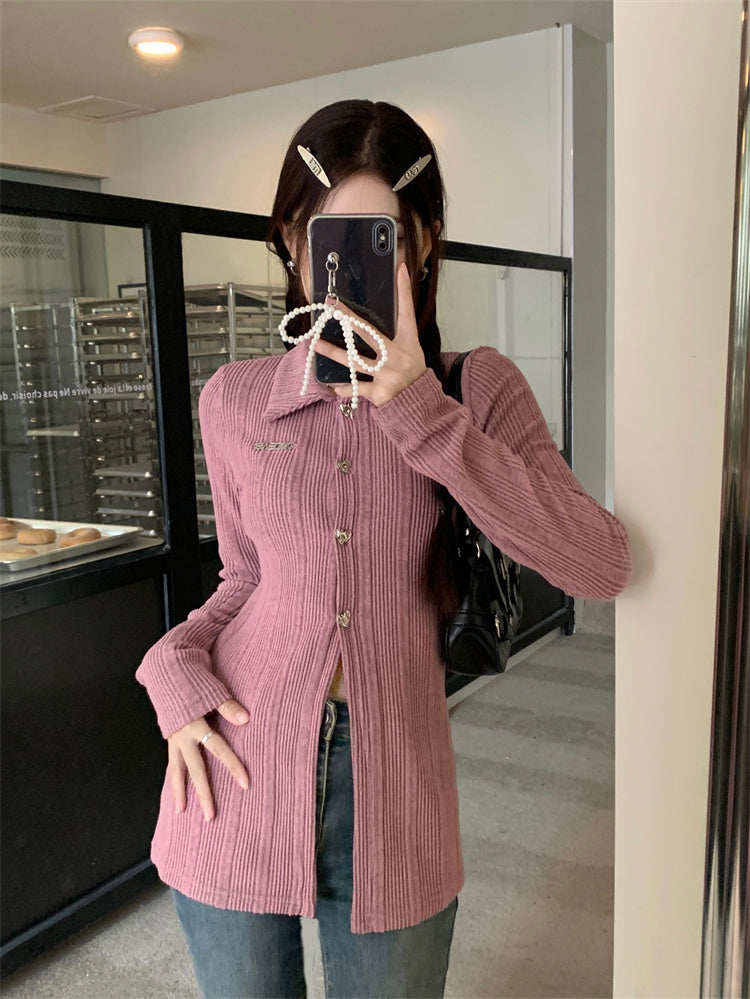 【tops】長袖折り襟ニットトップスG24473