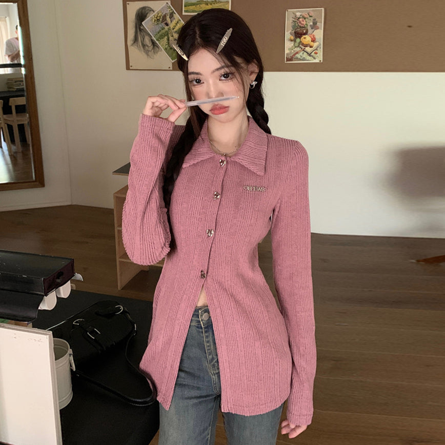 【tops】長袖折り襟ニットトップスG24473