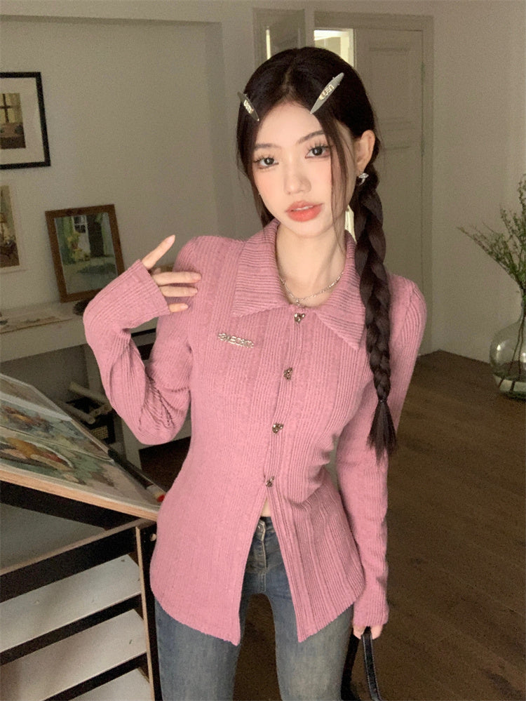 【tops】長袖折り襟ニットトップスG24473