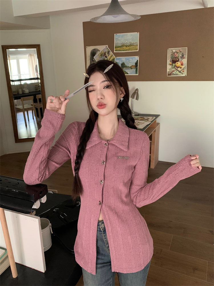 【tops】長袖折り襟ニットトップスG24473