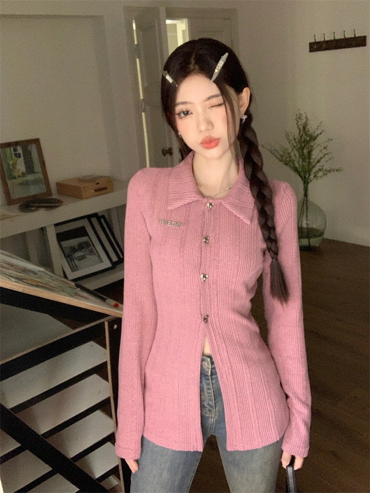 【tops】長袖折り襟ニットトップスG24473