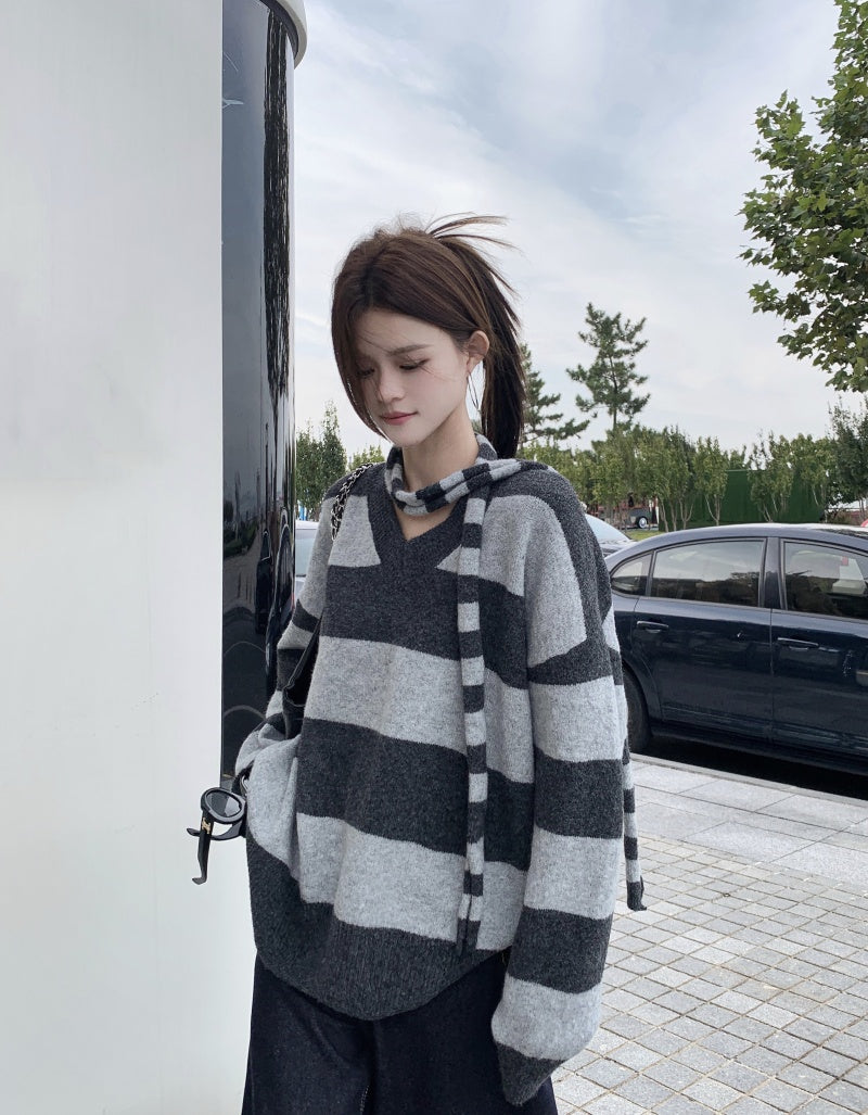 【tops】ストライプ柄長袖ニットセーターG24477