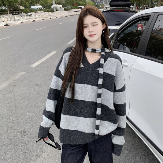 【tops】ストライプ柄長袖ニットセーターG24477