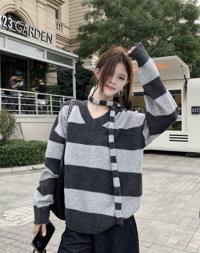 【tops】ストライプ柄長袖ニットセーターG24477