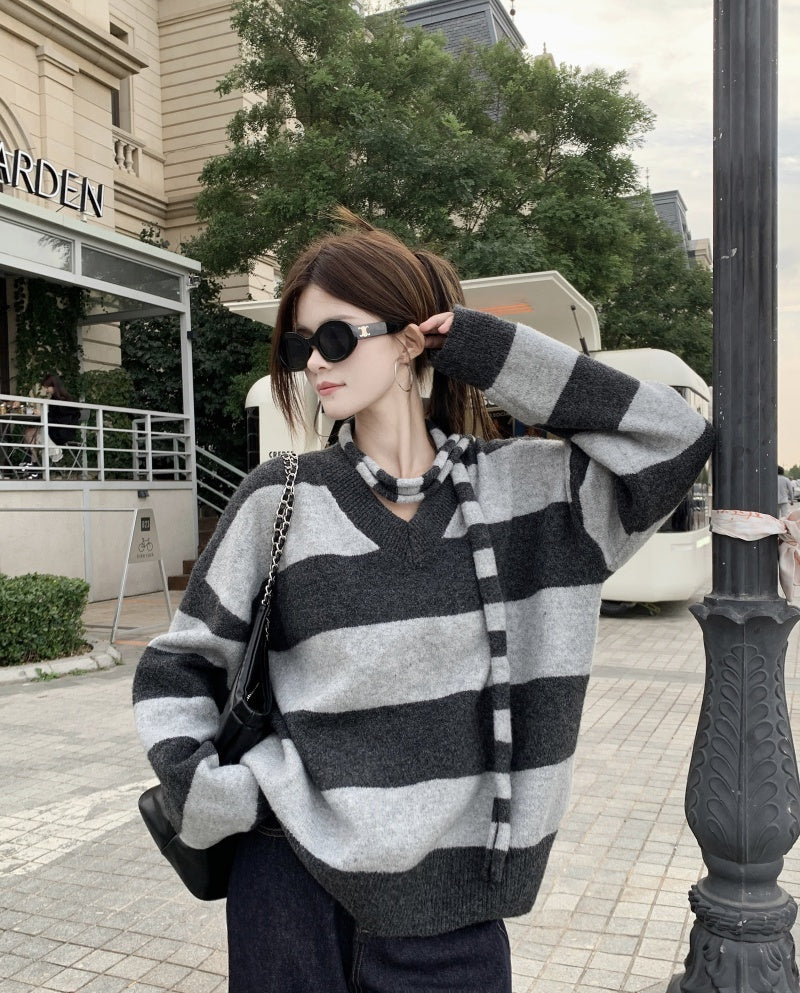 【tops】ストライプ柄長袖ニットセーターG24477