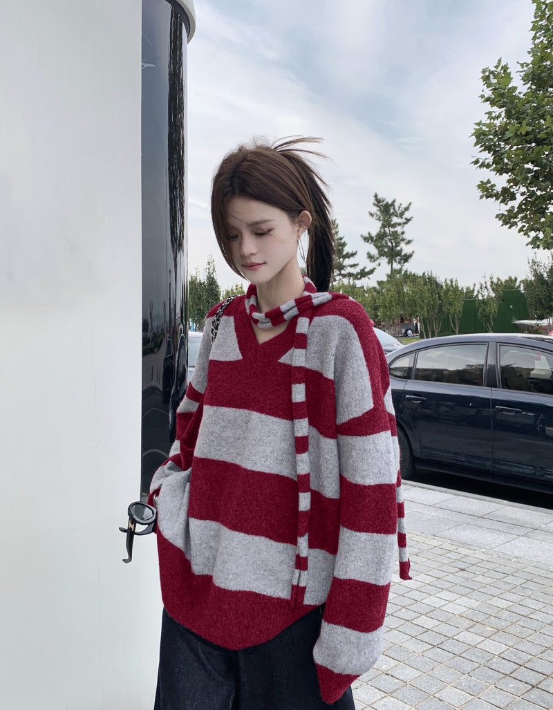 【tops】ストライプ柄長袖ニットセーターG24477