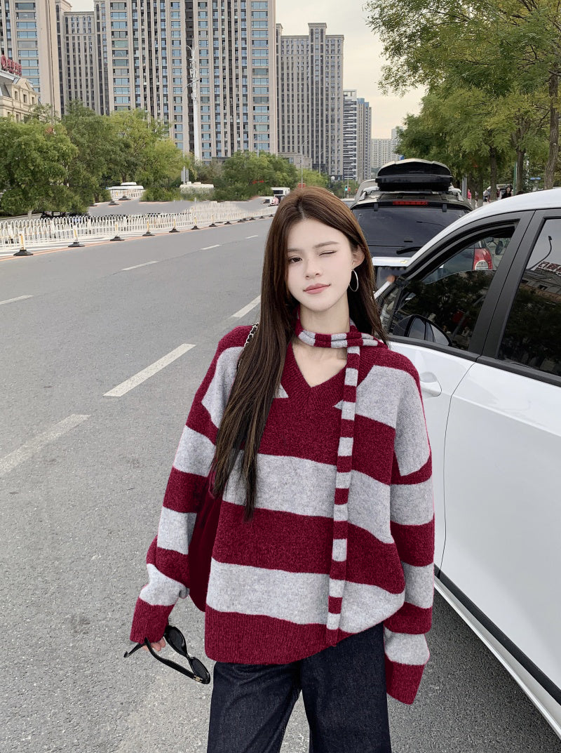 【tops】ストライプ柄長袖ニットセーターG24477