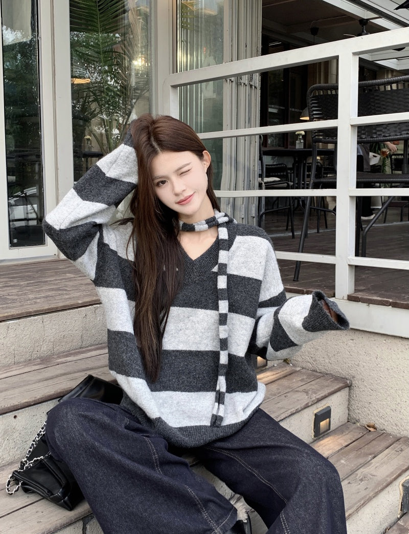 【tops】ストライプ柄長袖ニットセーターG24477