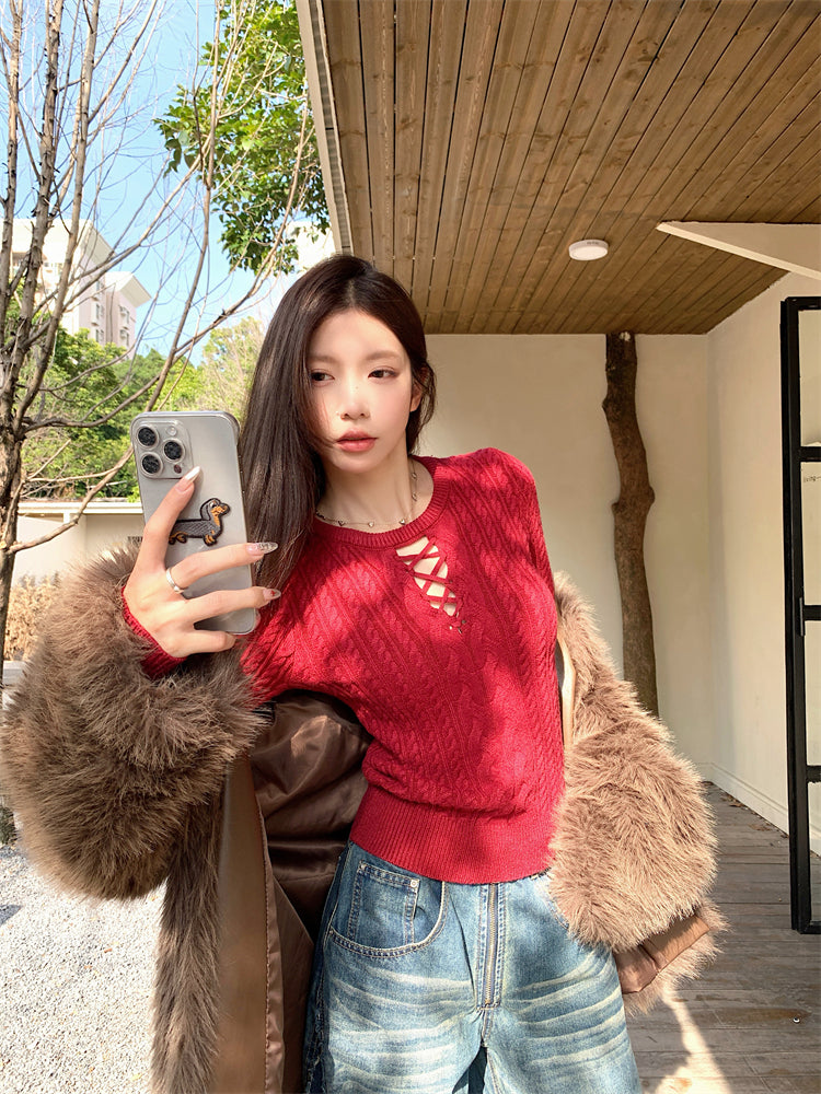 【tops】透かし彫り長袖ニットセーターG24515