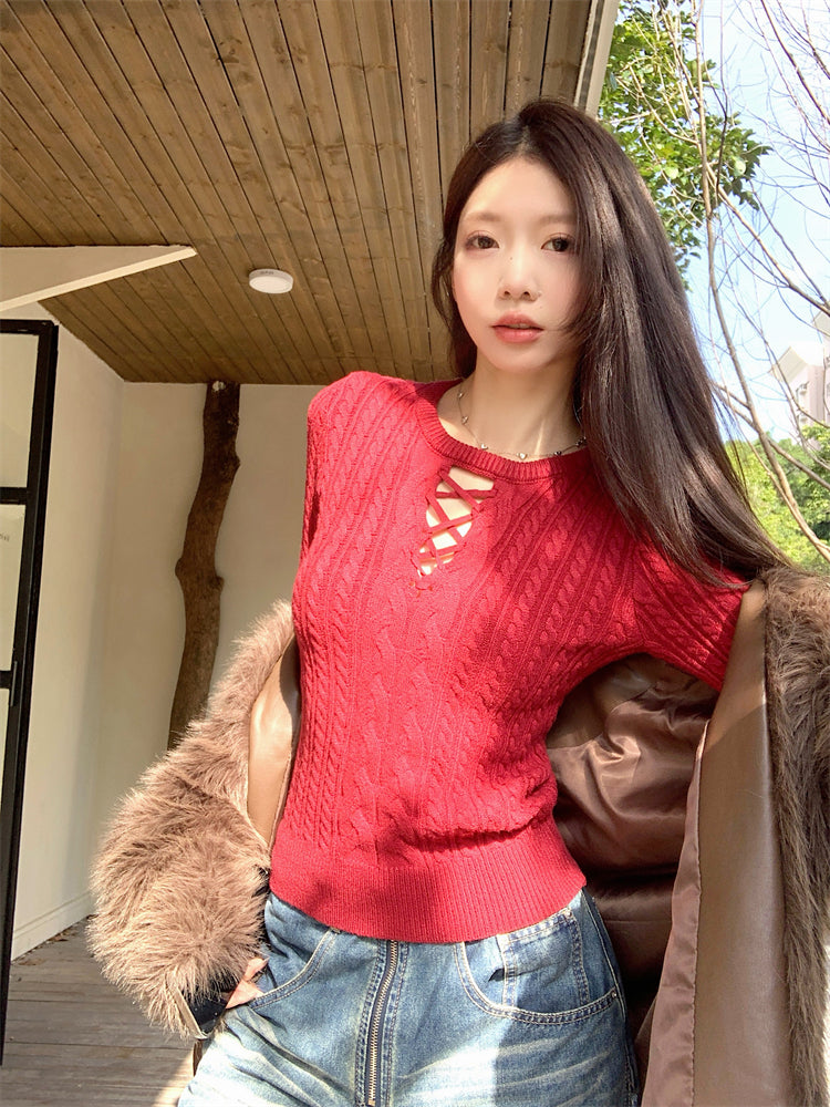 【tops】透かし彫り長袖ニットセーターG24515