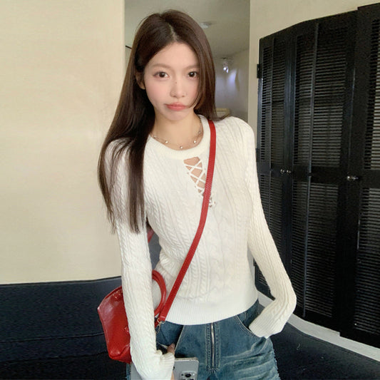 【tops】透かし彫り長袖ニットセーターG24515