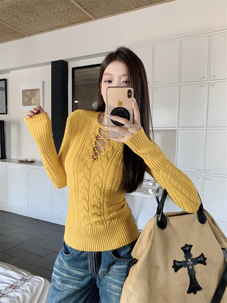 【tops】透かし彫り長袖ニットセーターG24515