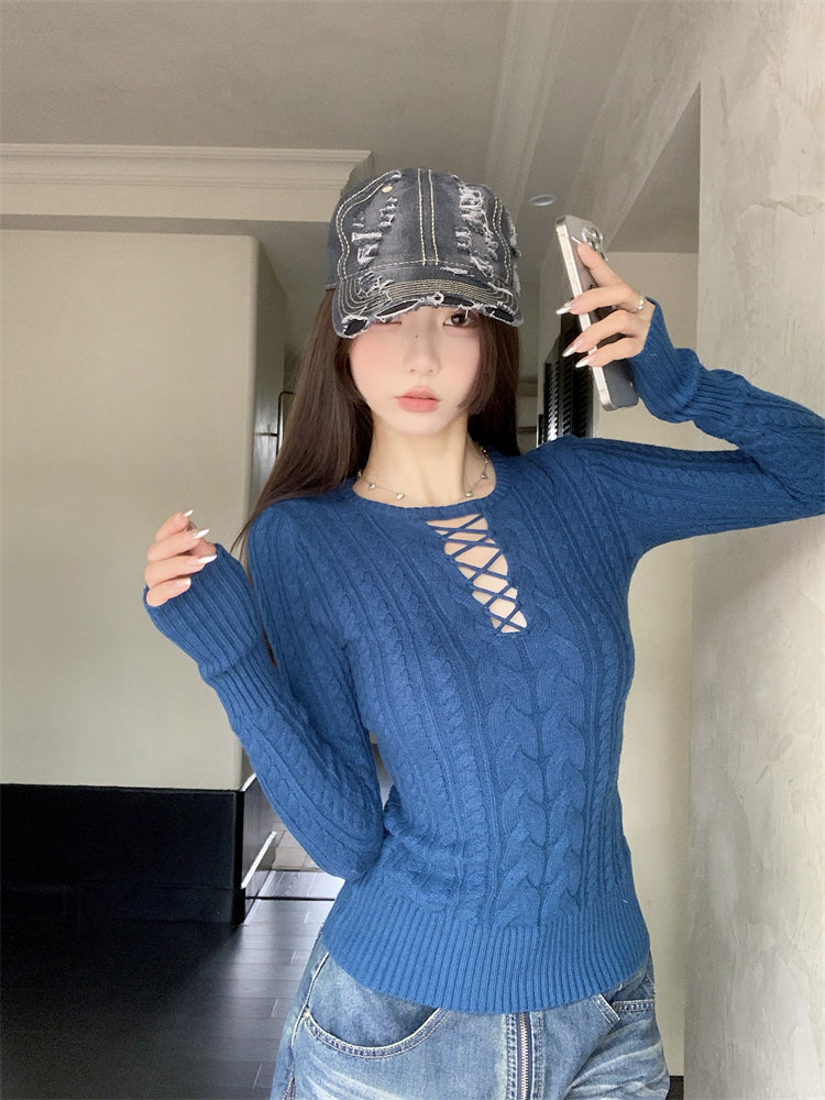 【tops】透かし彫り長袖ニットセーターG24515