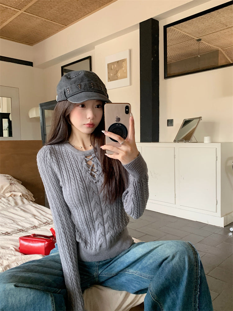 【tops】透かし彫り長袖ニットセーターG24515