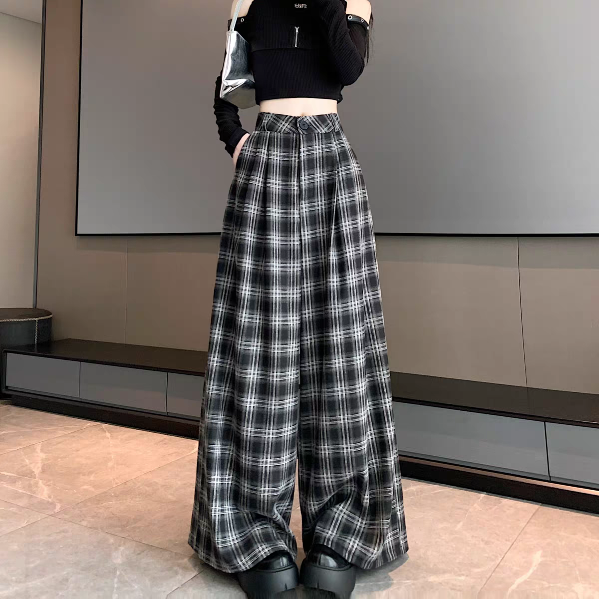 【bottoms】ゆったりチェック柄ガウチョパンツG24519