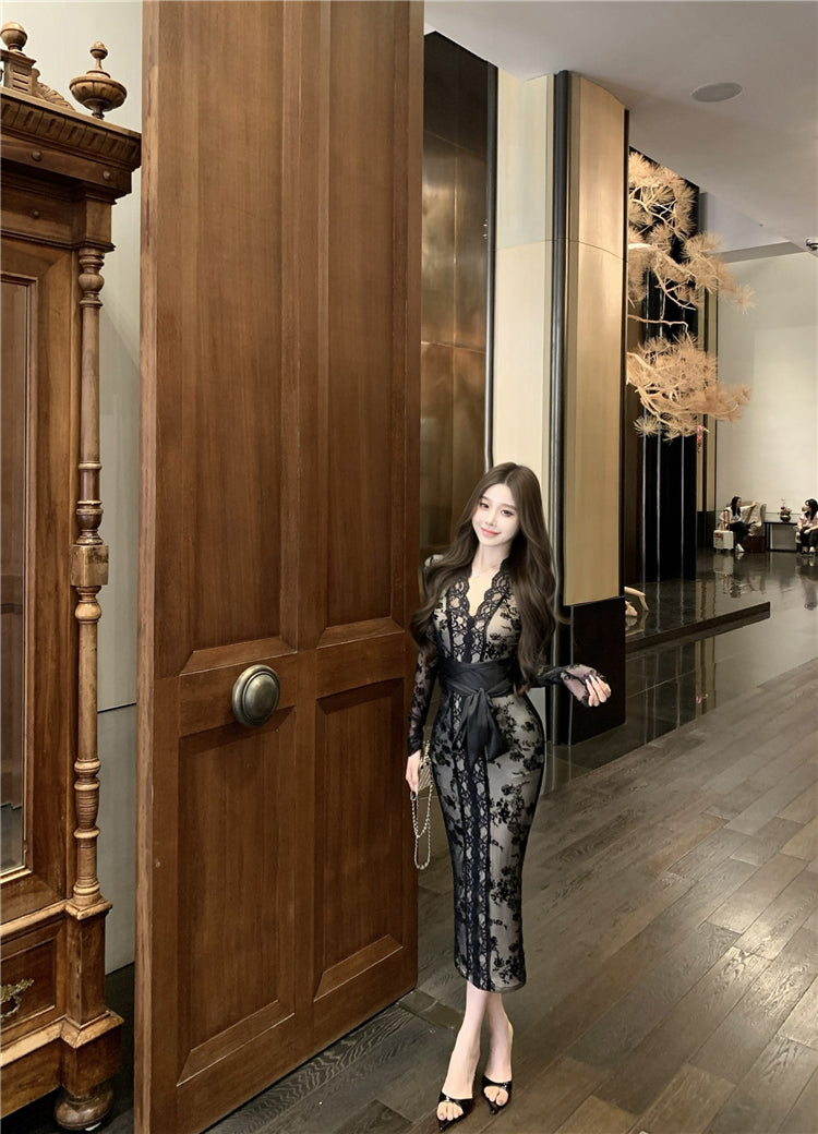 【dress】長袖レースタイトワンピースG24521