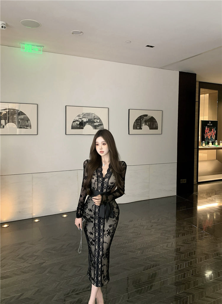 【dress】長袖レースタイトワンピースG24521