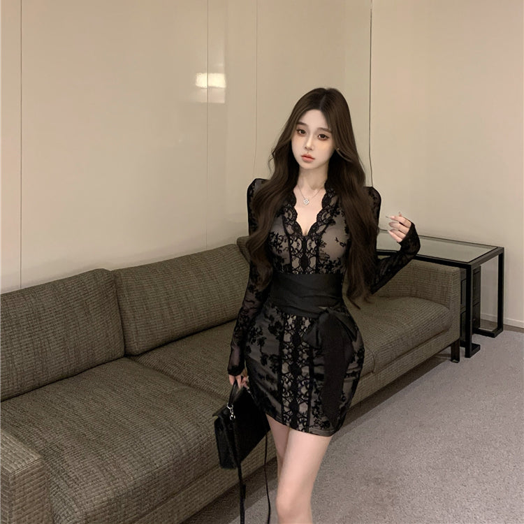 【dress】長袖レース体型カバータイトワンピースG24522