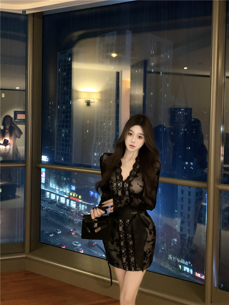 【dress】長袖レース体型カバータイトワンピースG24522