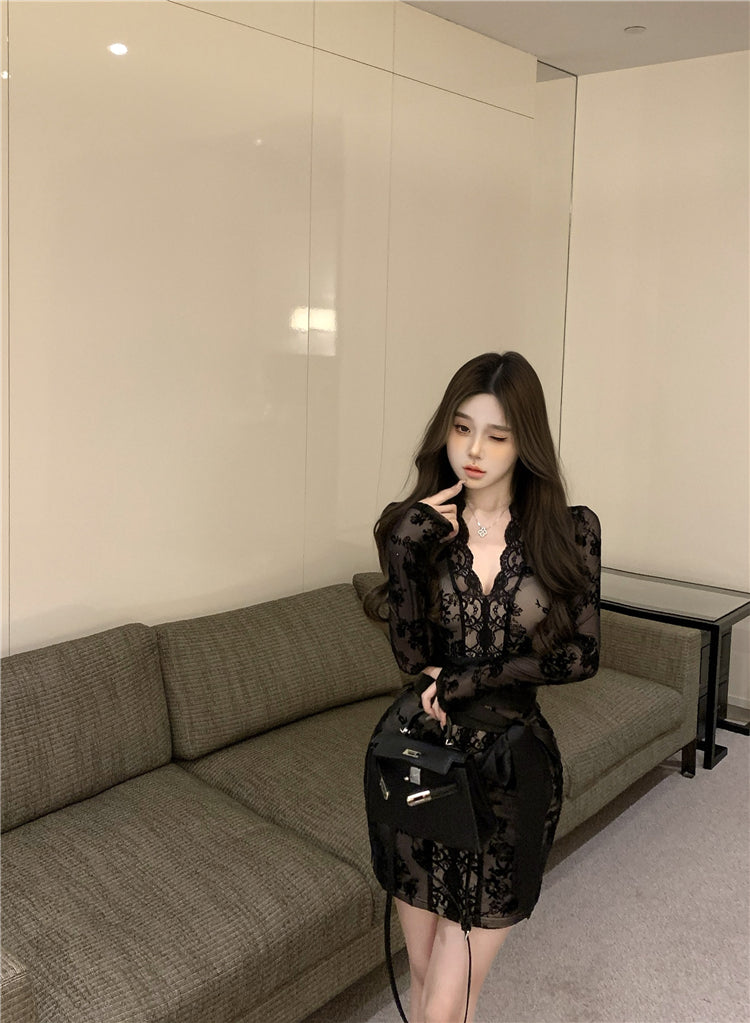 【dress】長袖レース体型カバータイトワンピースG24522