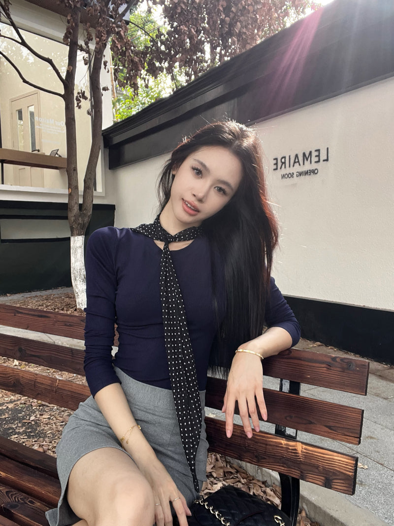 【tops】ラウンドネック長袖スカーフ付きTシャツG24533