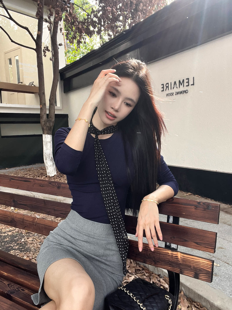 【tops】ラウンドネック長袖スカーフ付きTシャツG24533