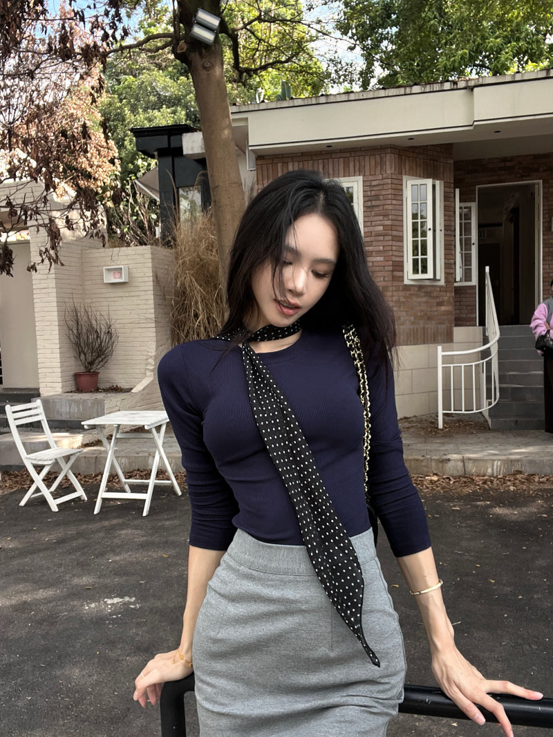 【tops】ラウンドネック長袖スカーフ付きTシャツG24533