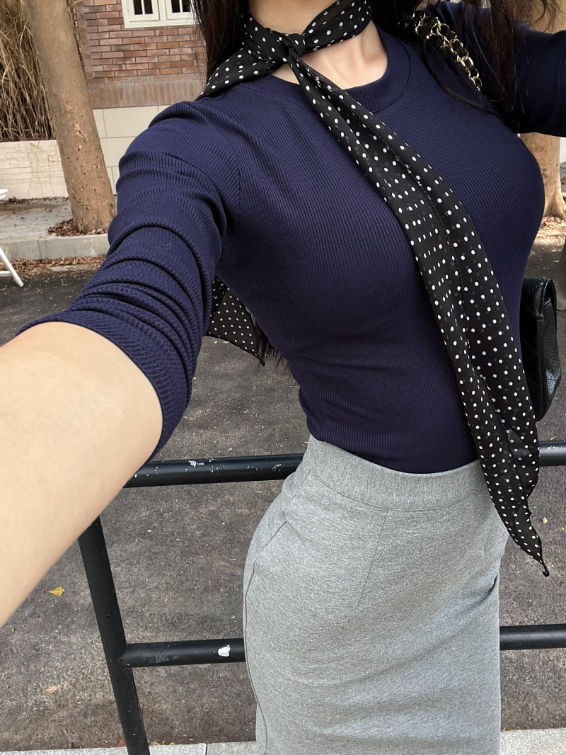 【tops】ラウンドネック長袖スカーフ付きTシャツG24533