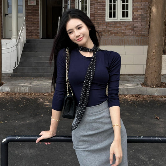 【tops】ラウンドネック長袖スカーフ付きTシャツG24533