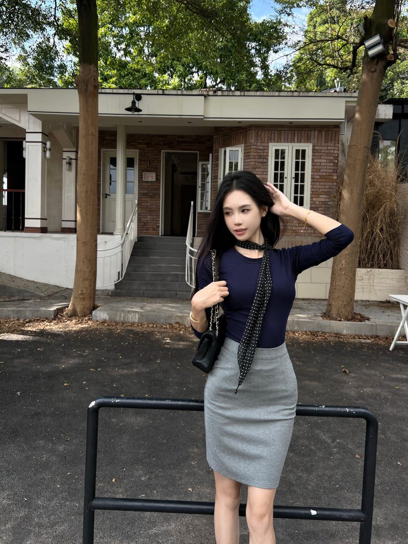 【tops】ラウンドネック長袖スカーフ付きTシャツG24533