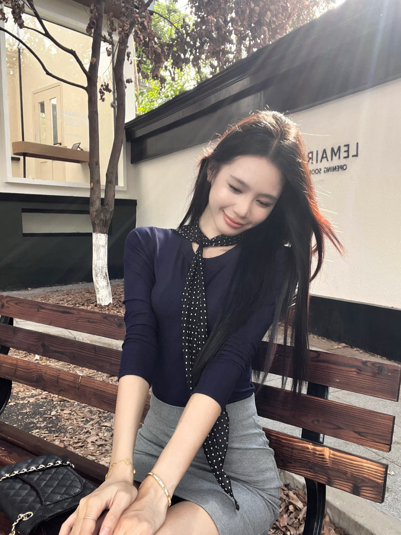 【tops】ラウンドネック長袖スカーフ付きTシャツG24533