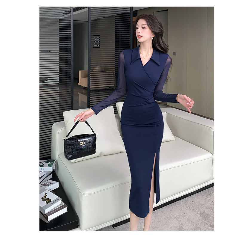 【dress】Vネック長袖シャツタイトワンピースG24540