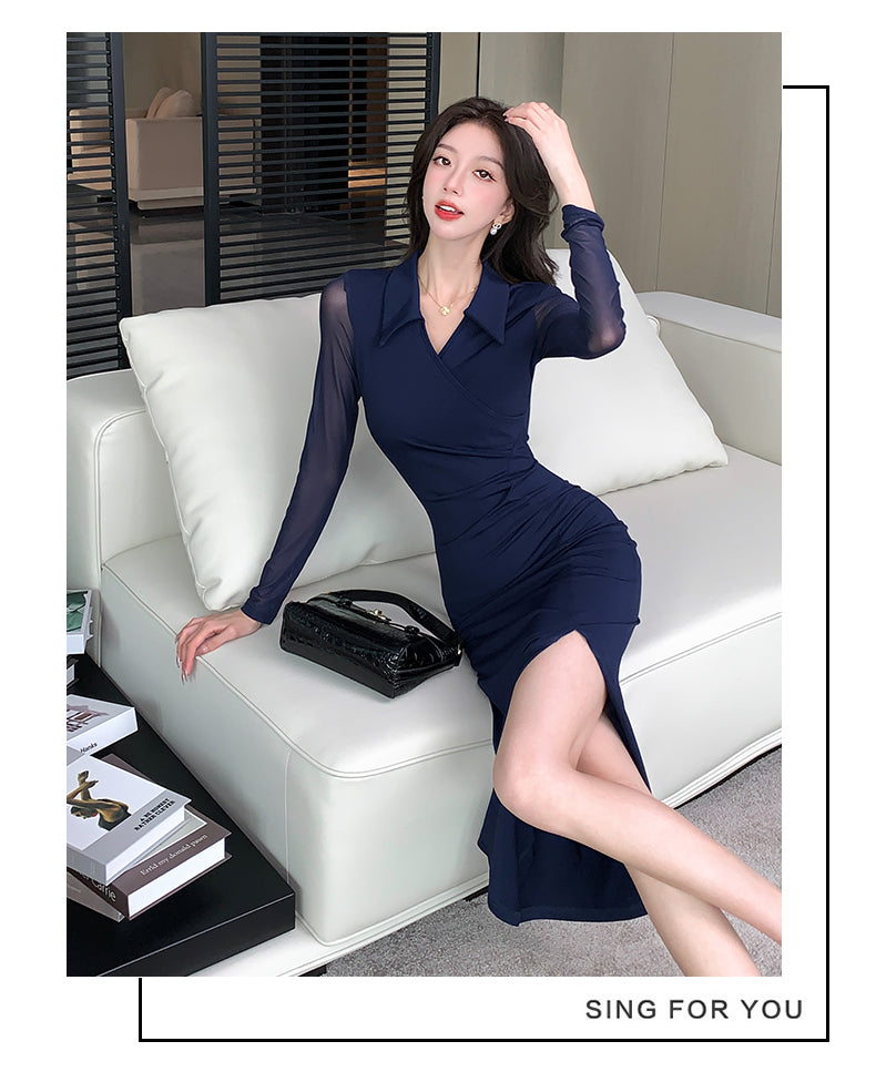 【dress】Vネック長袖シャツタイトワンピースG24540