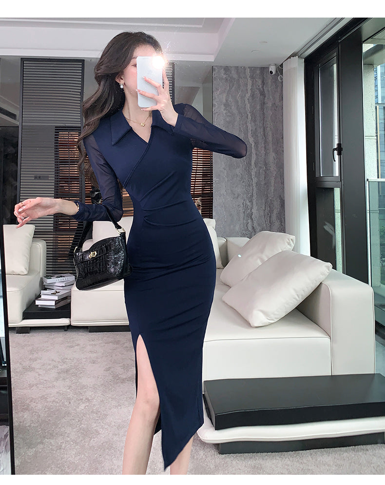 【dress】Vネック長袖シャツタイトワンピースG24540