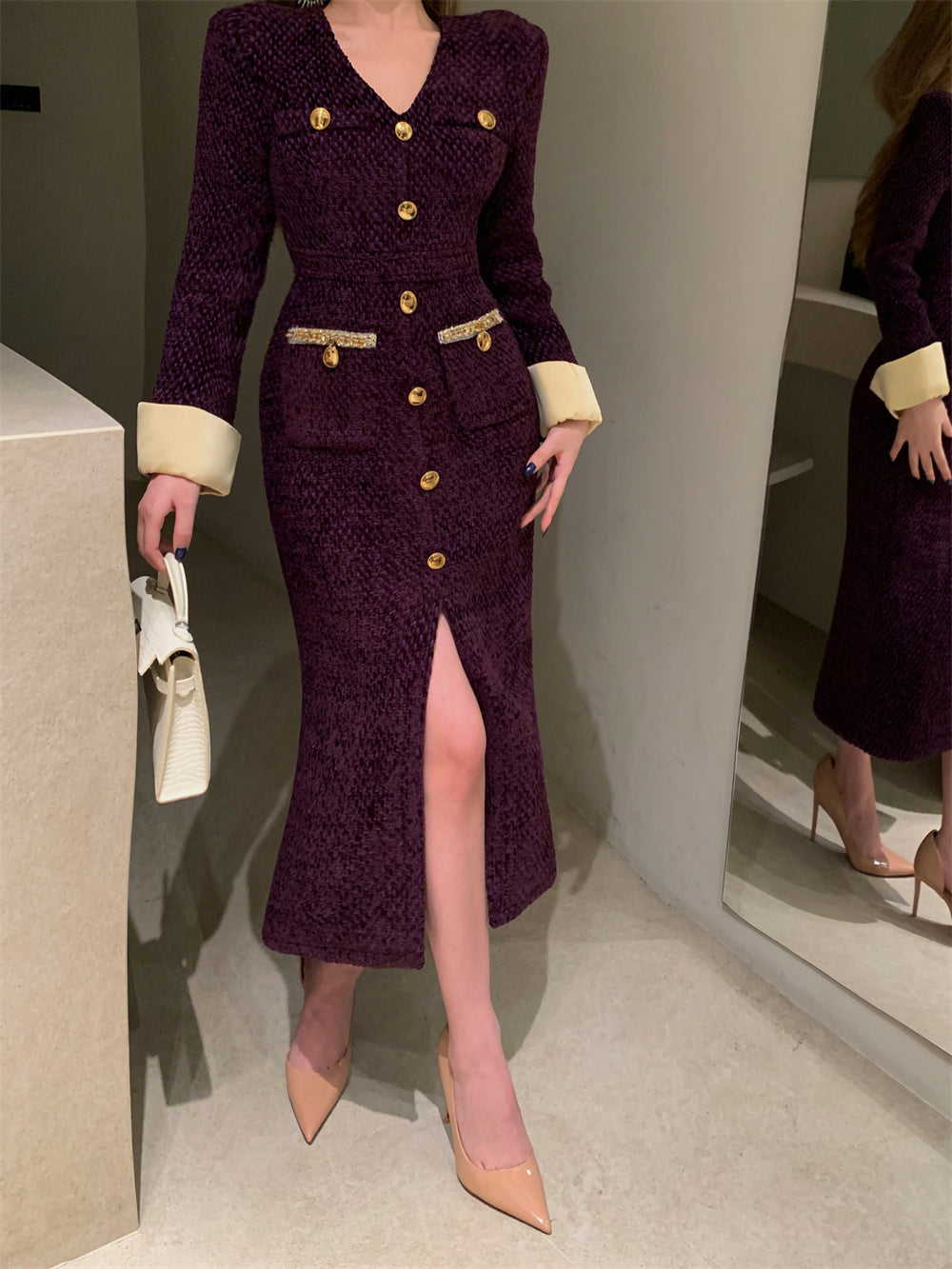 【dress】フランス風長袖スリットワンピースG24556