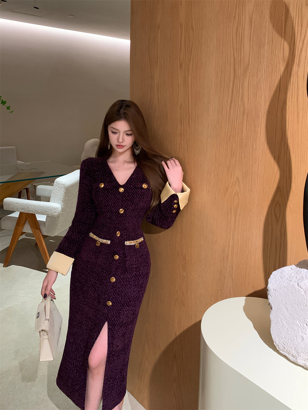 【dress】フランス風長袖スリットワンピースG24556