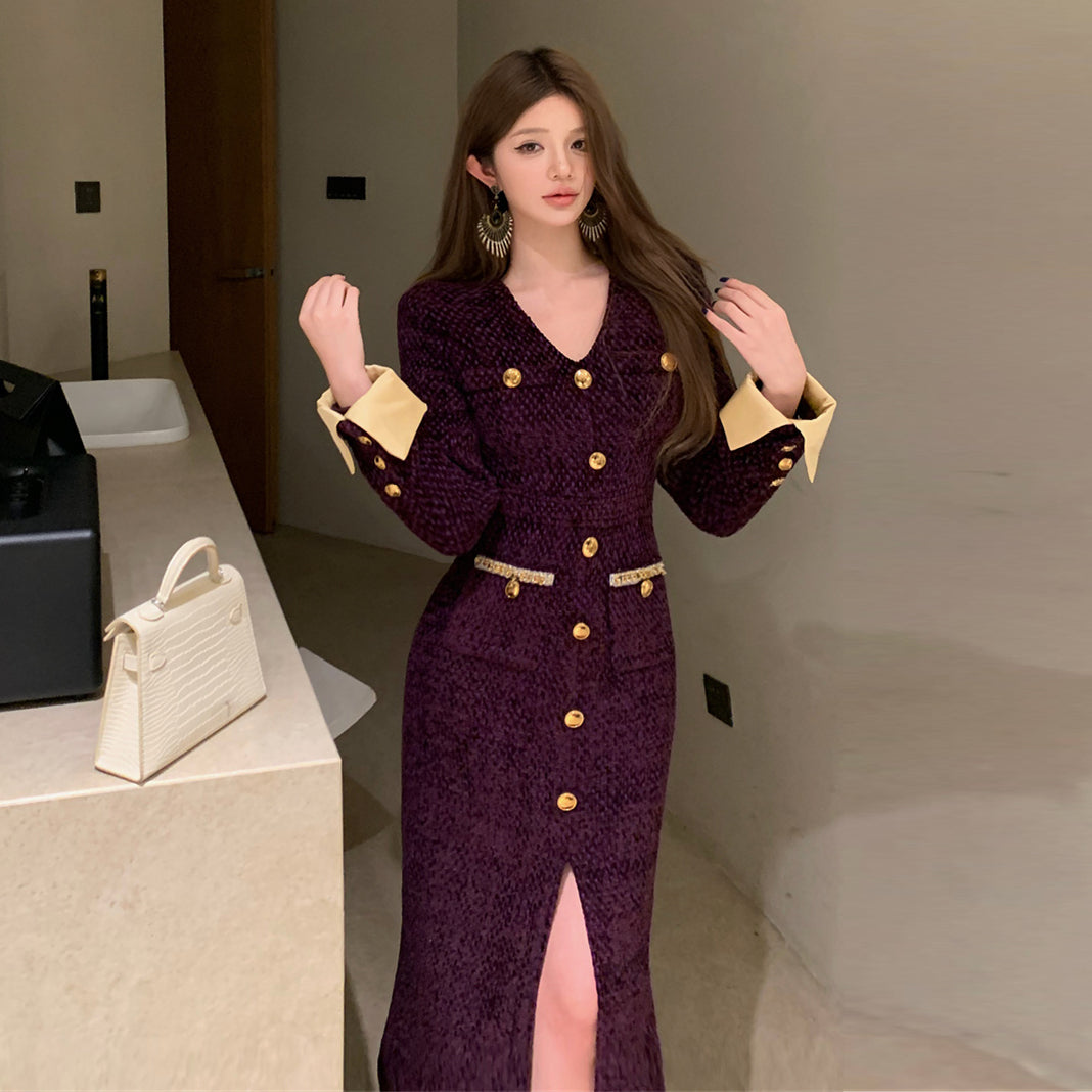 【dress】フランス風長袖スリットワンピースG24556